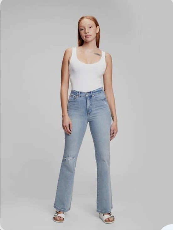 GAP Denim - Gap High Rise '70s Flare Jeans in a light wash distressed knee 27/4R